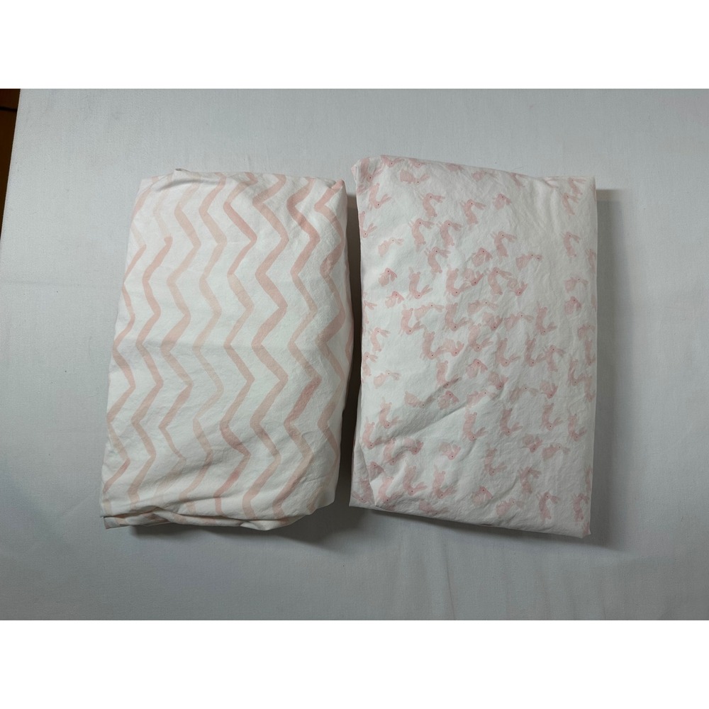 2 Pottery Barn Kids Organic Cotton Crib Fitted Sheets Pink Bunny Chevron 27x52